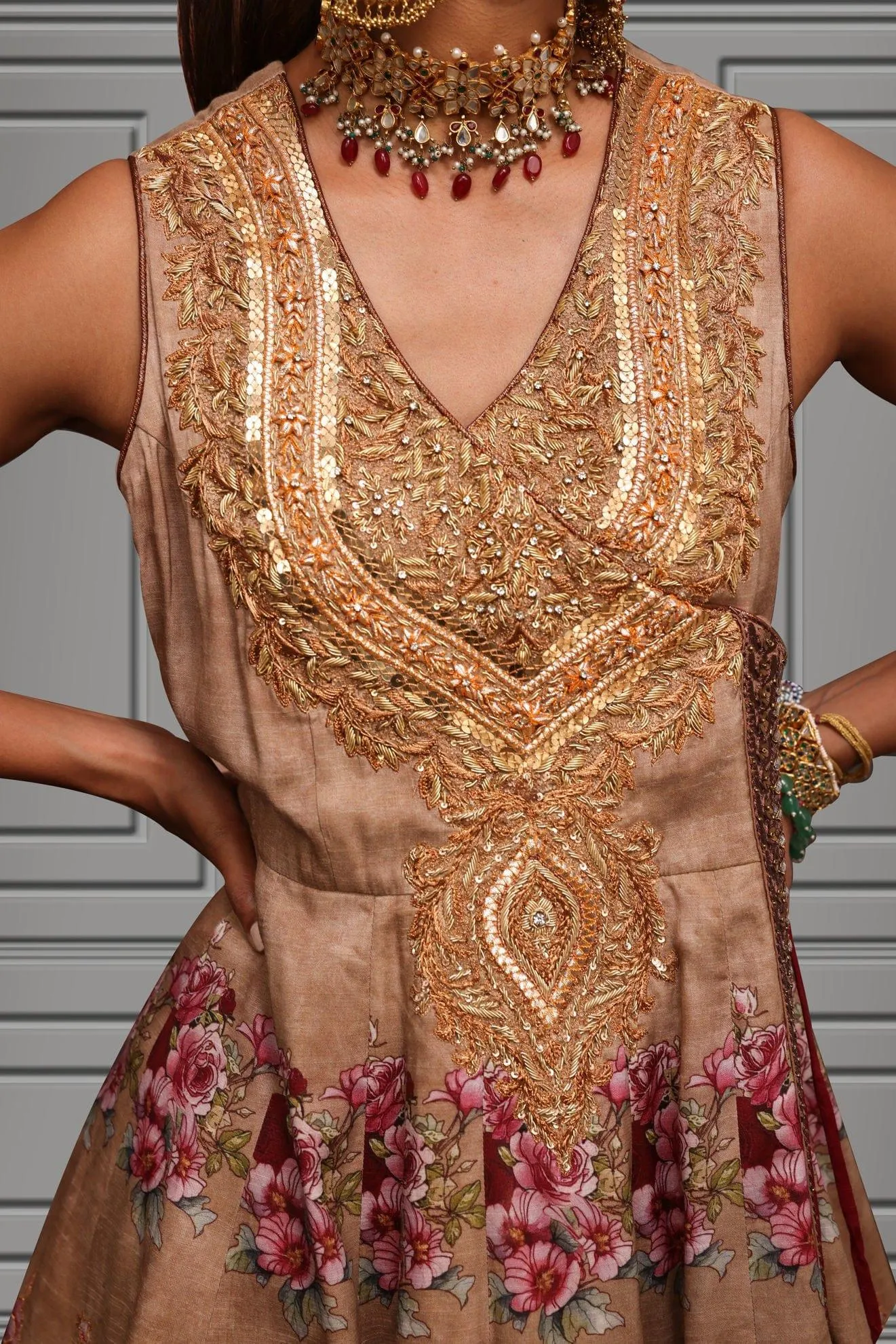 Shamaeel - Long Silk Embroidered Angarkha with Embroidered Organza Jacket