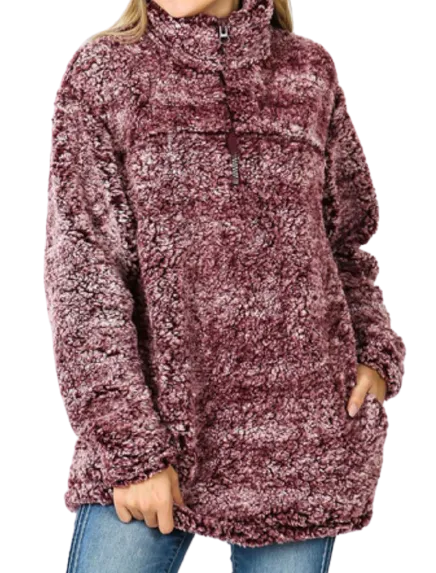 Sherpa Jacket with 1/4 Zip - Burgundy