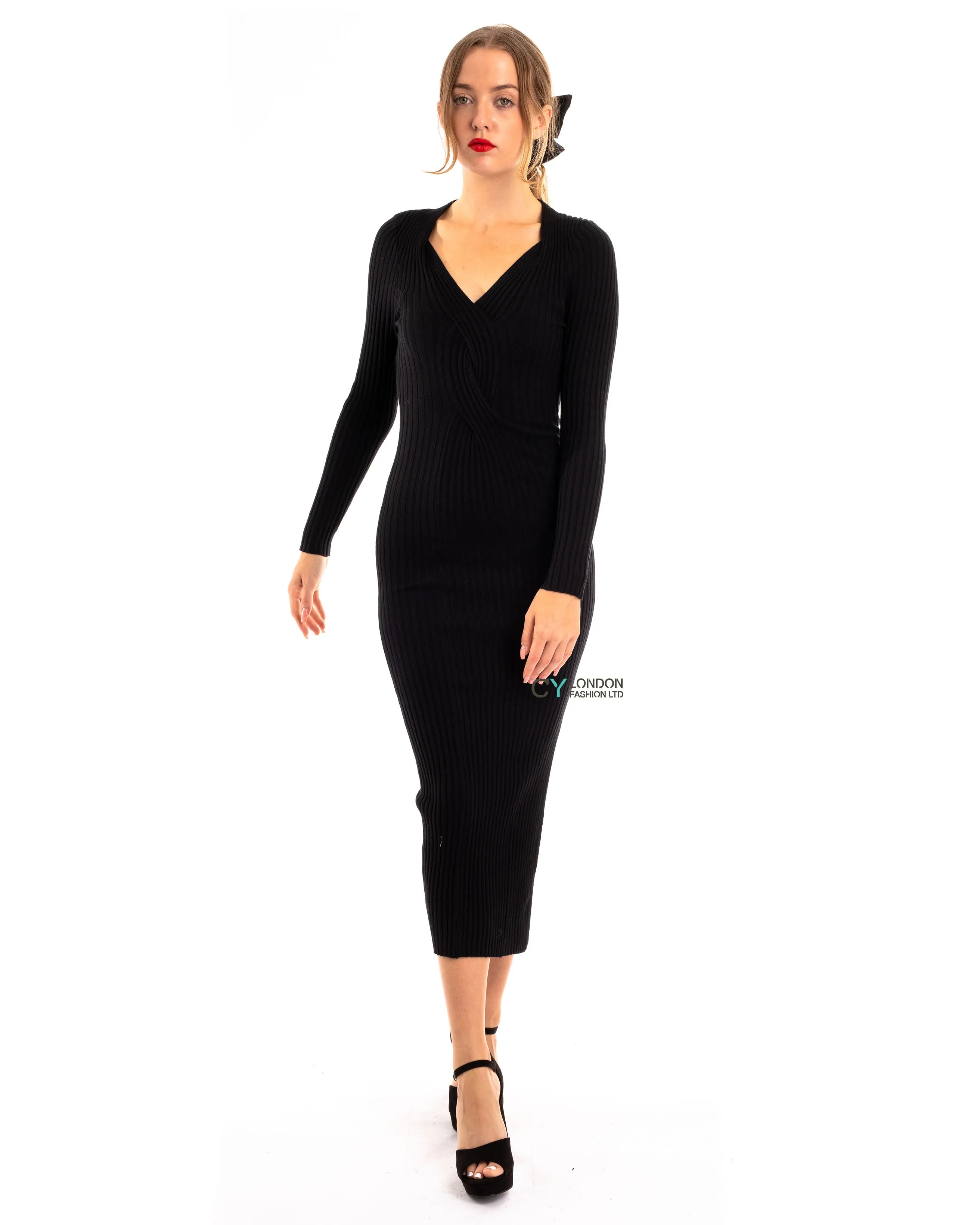Soft Knitted Ribbed Midi Bodycon front twist design Dress In Black