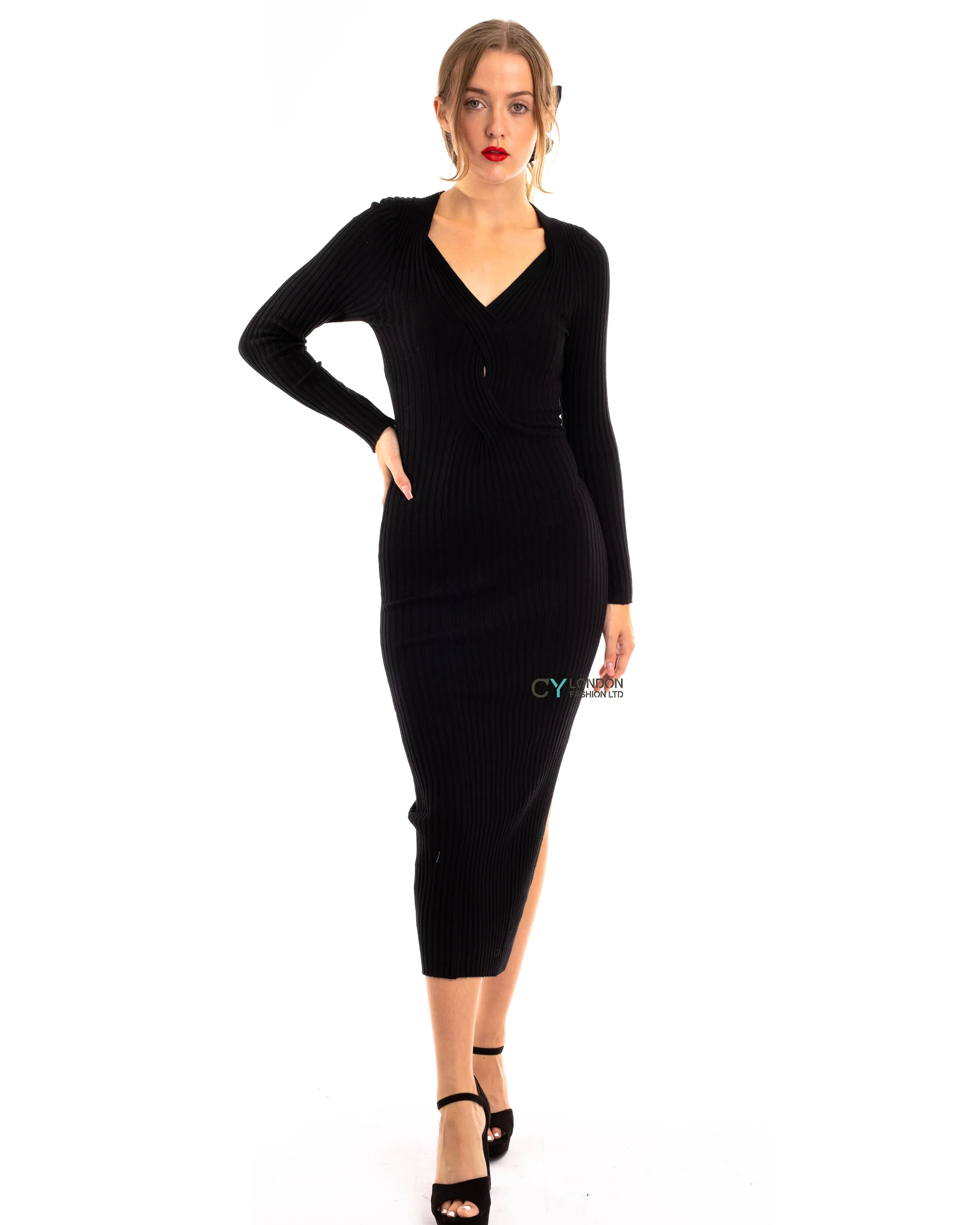 Soft Knitted Ribbed Midi Bodycon front twist design Dress In Black