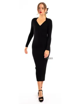 Soft Knitted Ribbed Midi Bodycon front twist design Dress In Black