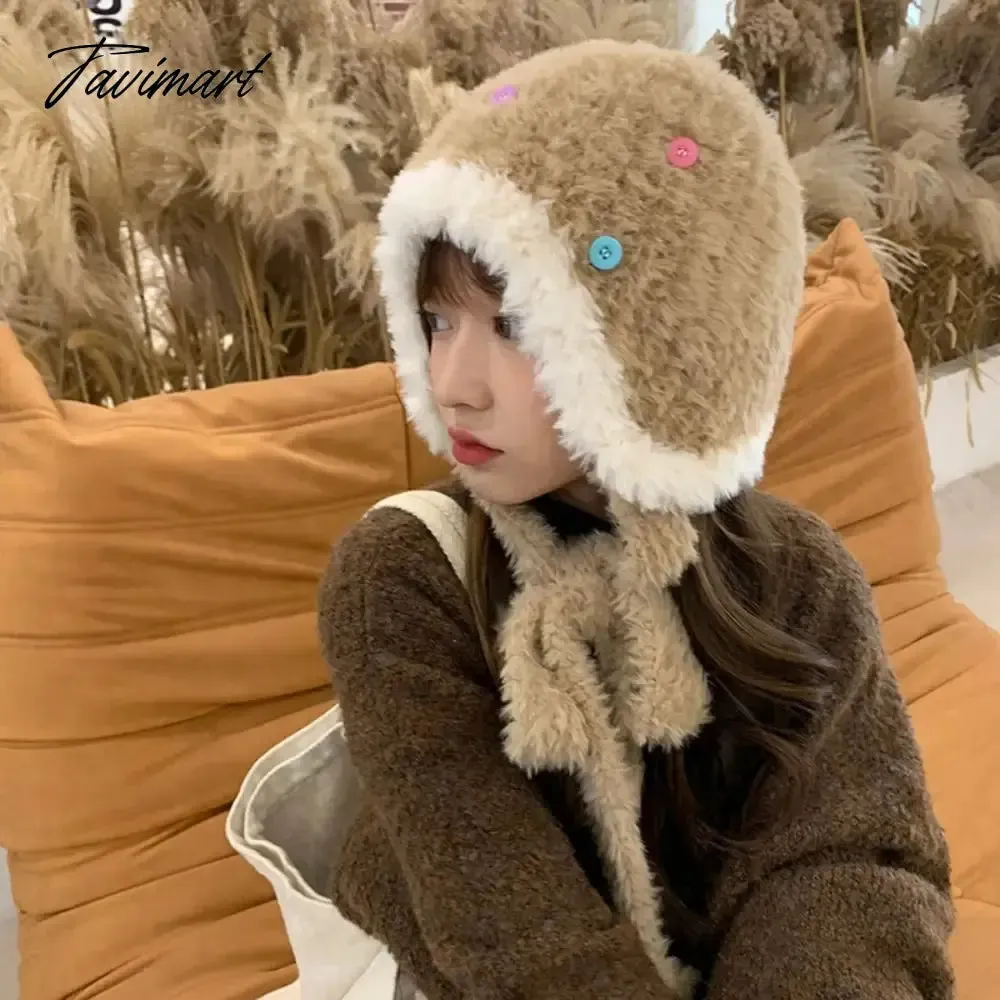 Tavimart Warm Bomber Cap Thickened Warm Plush Cap Knitted Cap Ear Protector Knitted Earflap Hat Colorful Button Design Cap