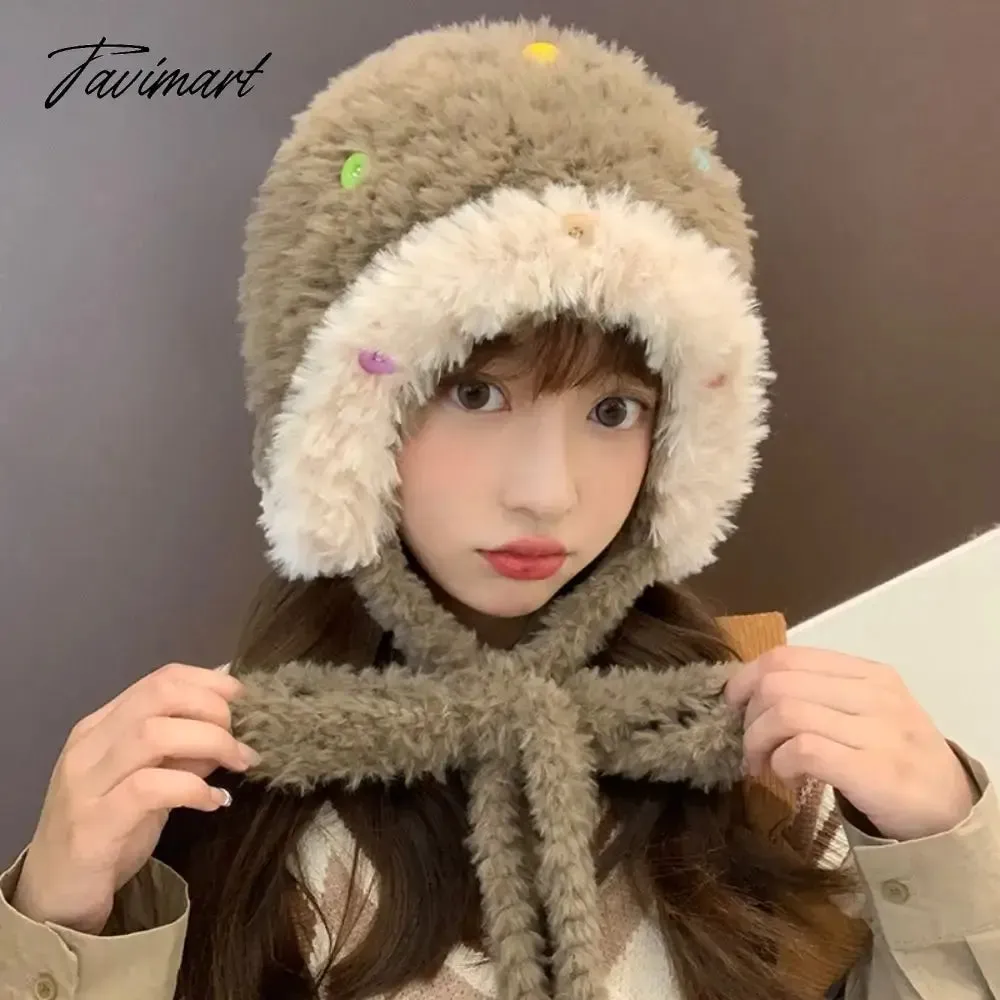 Tavimart Warm Bomber Cap Thickened Warm Plush Cap Knitted Cap Ear Protector Knitted Earflap Hat Colorful Button Design Cap