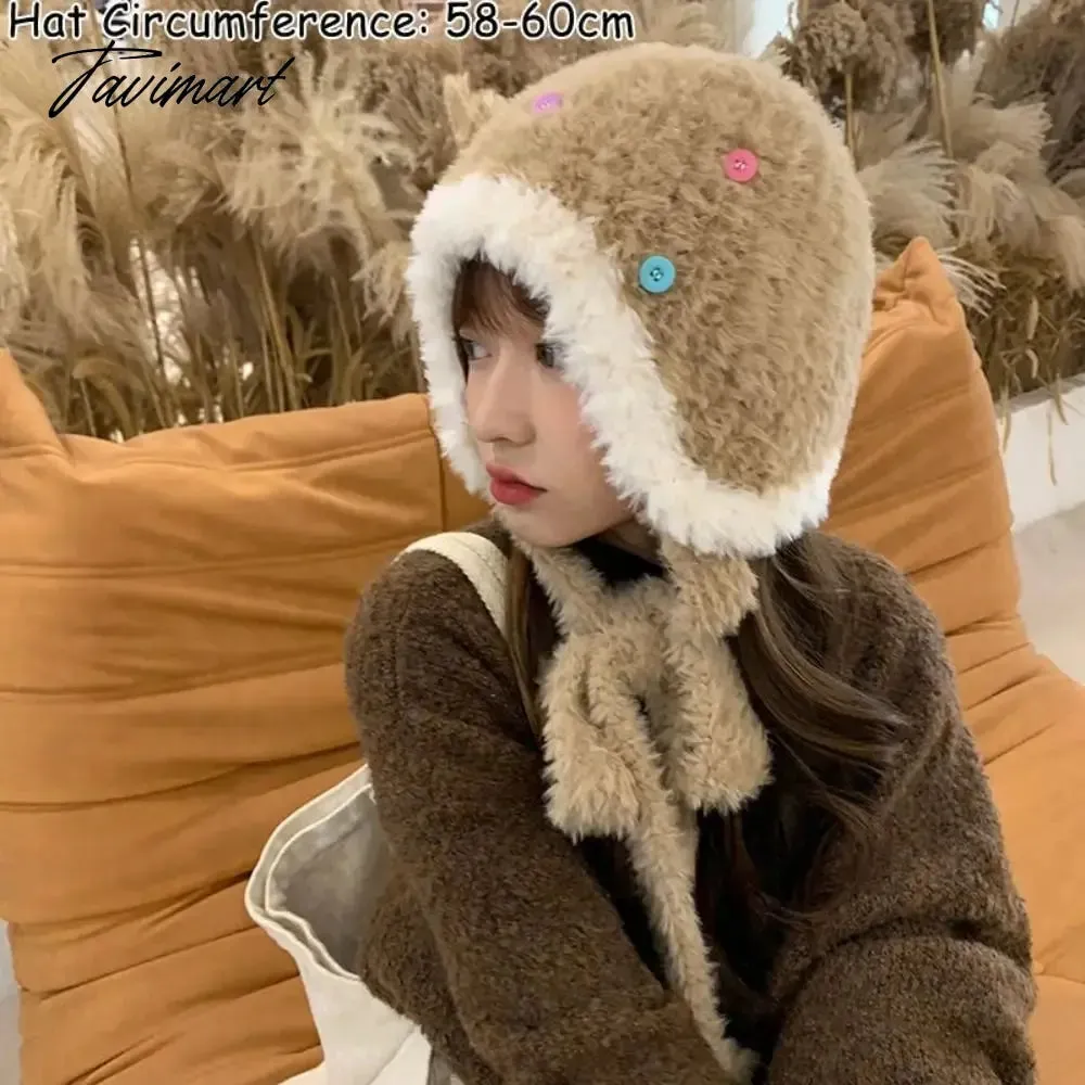 Tavimart Warm Bomber Cap Thickened Warm Plush Cap Knitted Cap Ear Protector Knitted Earflap Hat Colorful Button Design Cap