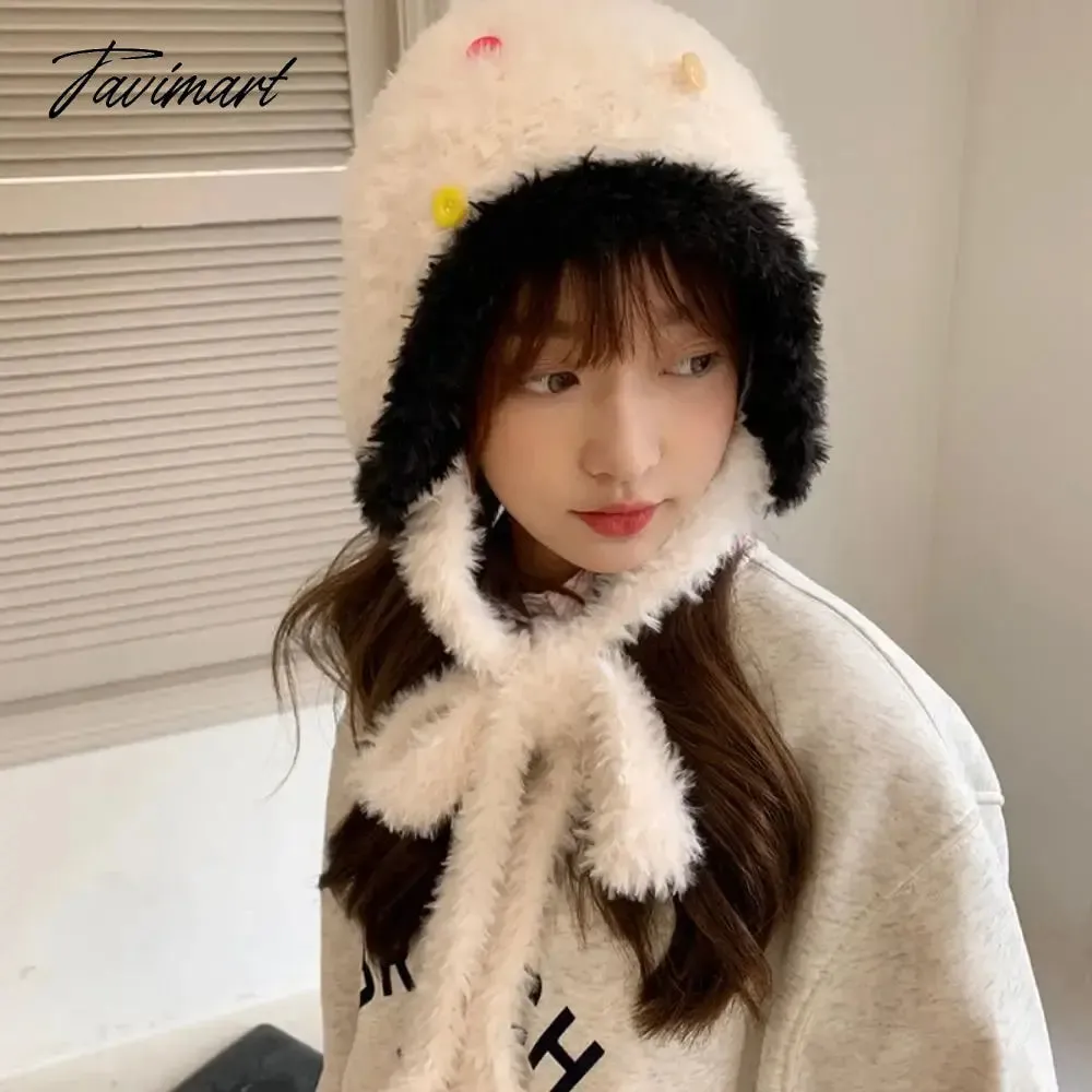 Tavimart Warm Bomber Cap Thickened Warm Plush Cap Knitted Cap Ear Protector Knitted Earflap Hat Colorful Button Design Cap