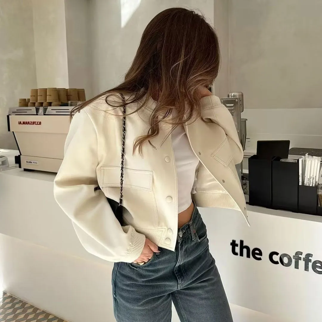 Trendy Stand Collar Cargo Pocket Button Up Long Sleeve Bomber Jacket