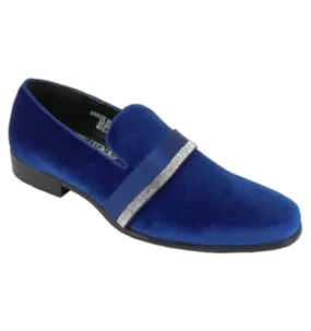 Velvet royal blue slip on shoes with diamonds stone tuxedo style
