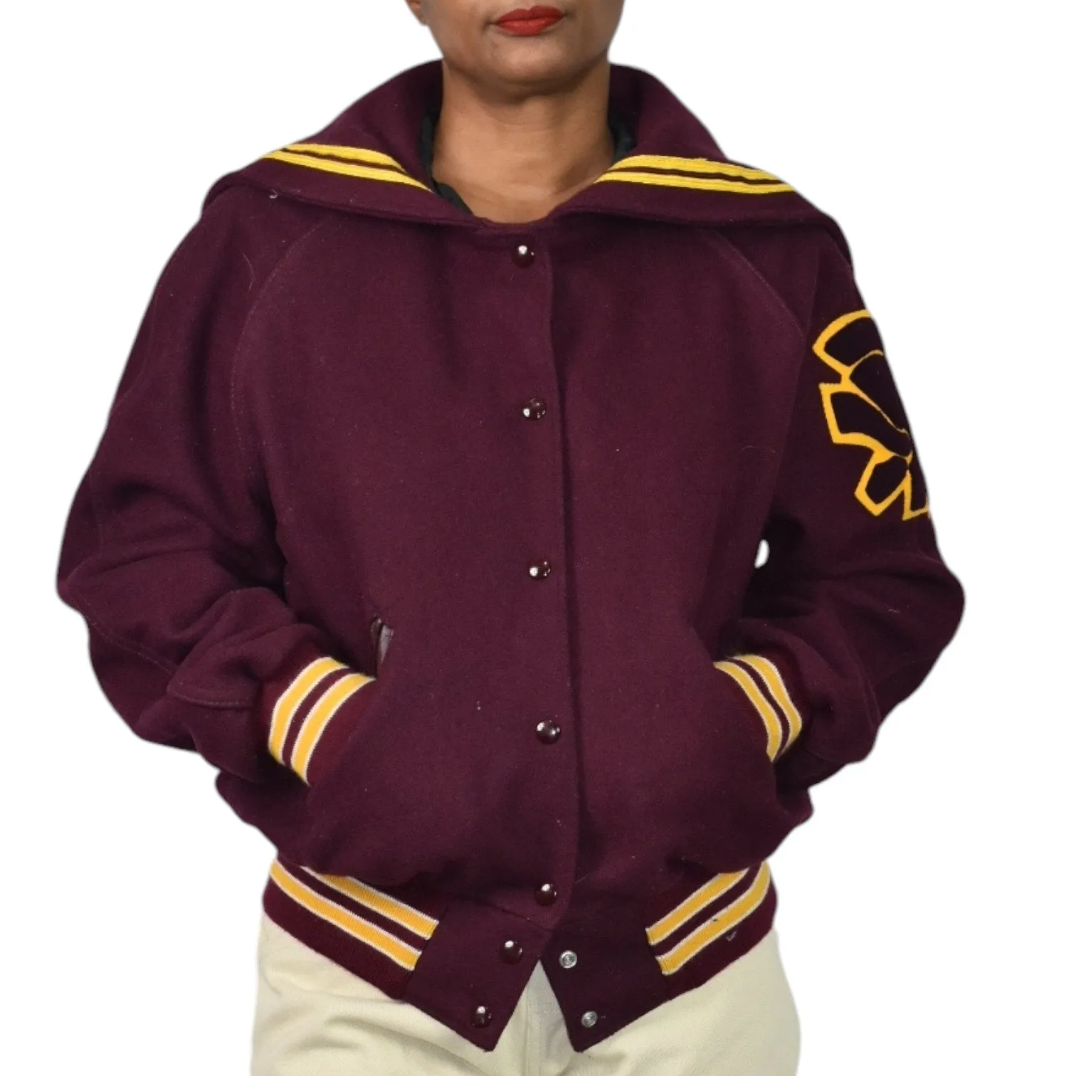 Vintage Holloway Varsity Jacket Red Tar Flap Wool Cheerleader College Letterman Bomber Trojan Embroidery Patch Size 40 Large