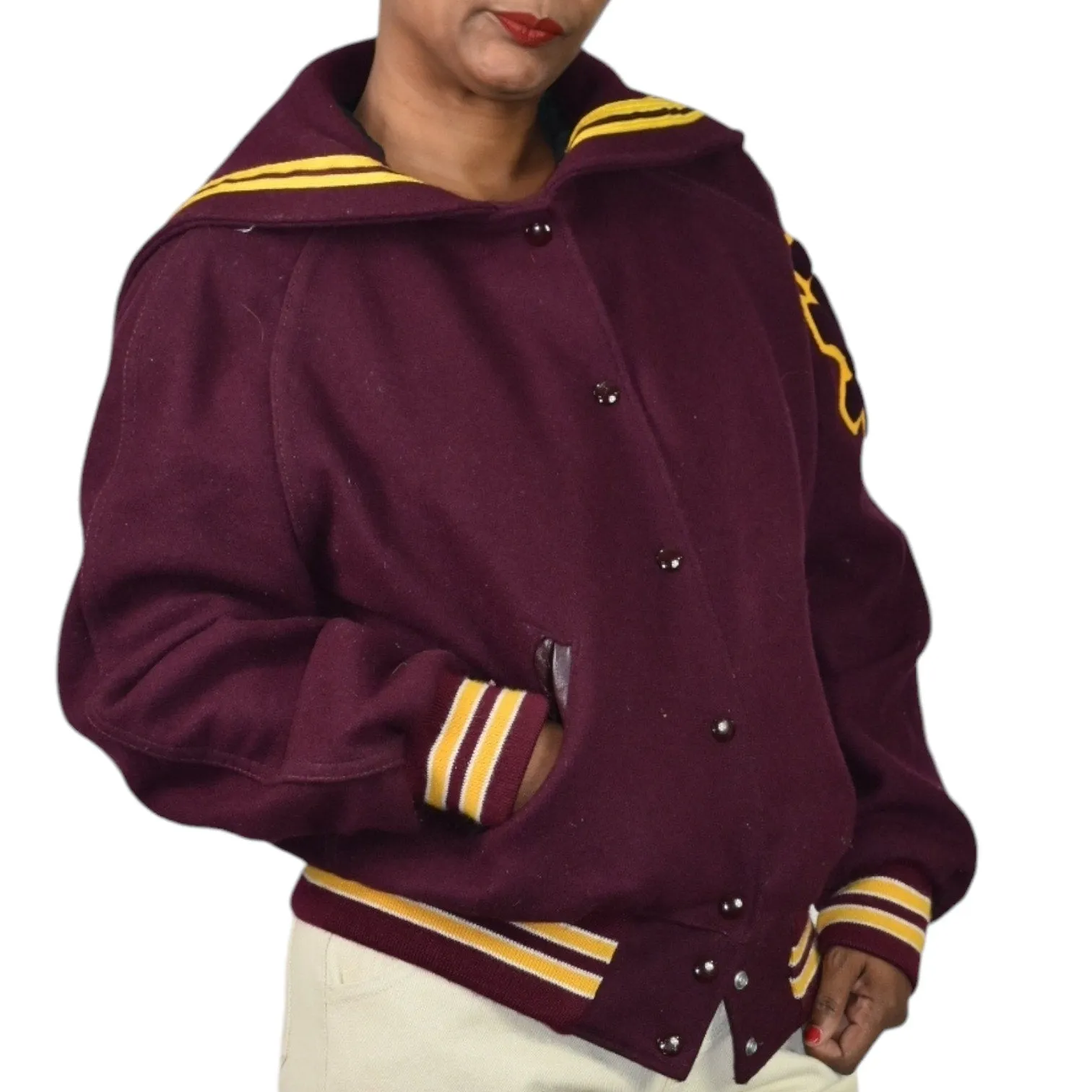 Vintage Holloway Varsity Jacket Red Tar Flap Wool Cheerleader College Letterman Bomber Trojan Embroidery Patch Size 40 Large