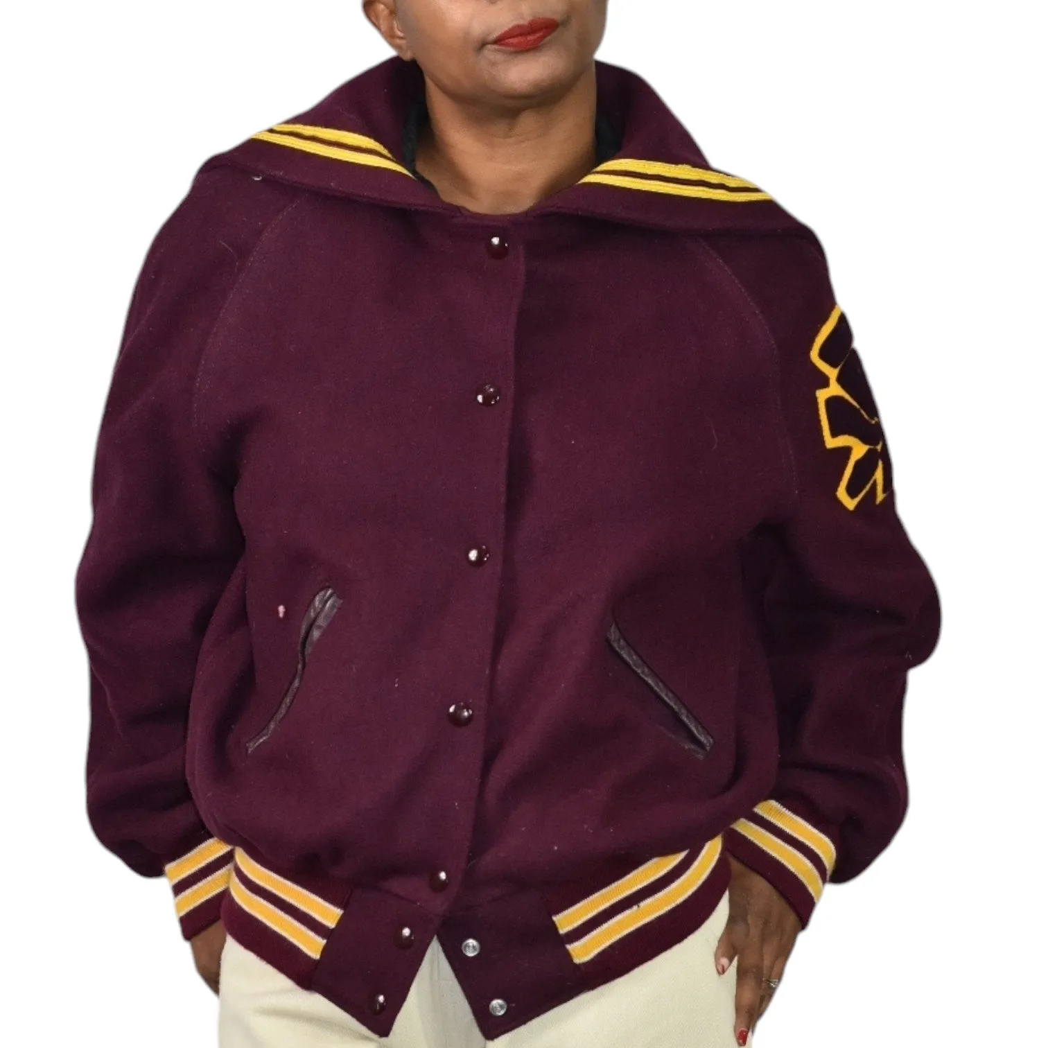 Vintage Holloway Varsity Jacket Red Tar Flap Wool Cheerleader College Letterman Bomber Trojan Embroidery Patch Size 40 Large