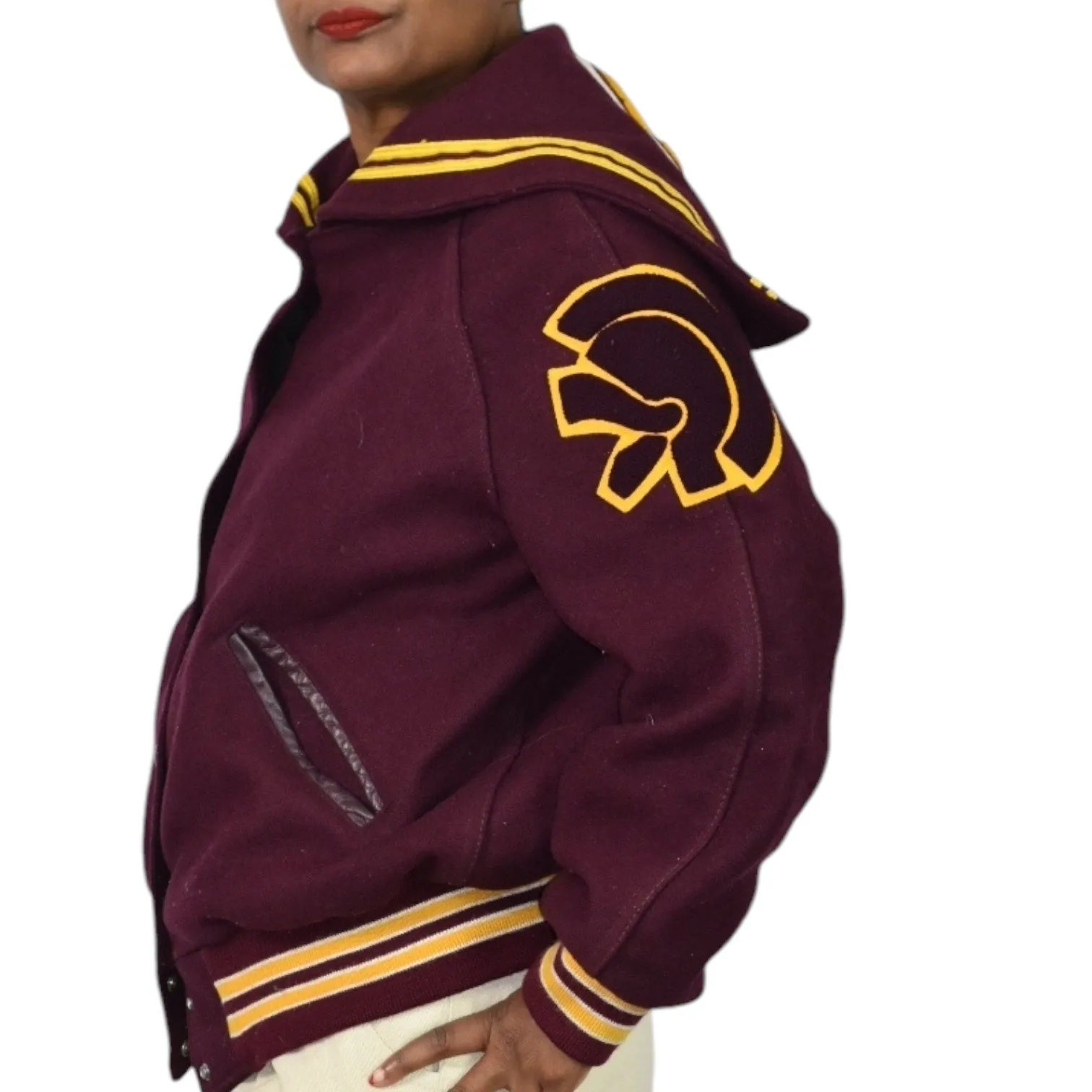 Vintage Holloway Varsity Jacket Red Tar Flap Wool Cheerleader College Letterman Bomber Trojan Embroidery Patch Size 40 Large