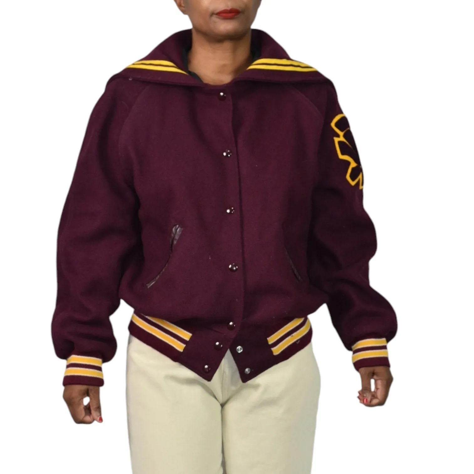 Vintage Holloway Varsity Jacket Red Tar Flap Wool Cheerleader College Letterman Bomber Trojan Embroidery Patch Size 40 Large