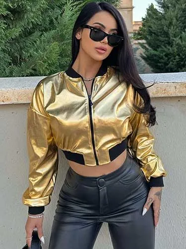 Wenkouban-Winter outfits Christmas Metallic Cropped Bomber Jacket