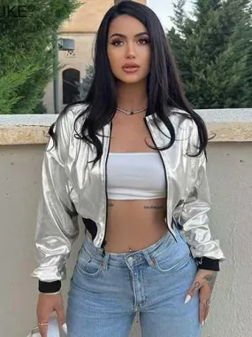 Wenkouban-Winter outfits Christmas Metallic Cropped Bomber Jacket