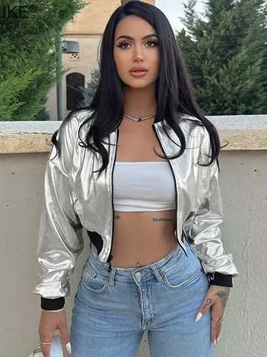 Wenkouban-Winter outfits Christmas Metallic Cropped Bomber Jacket