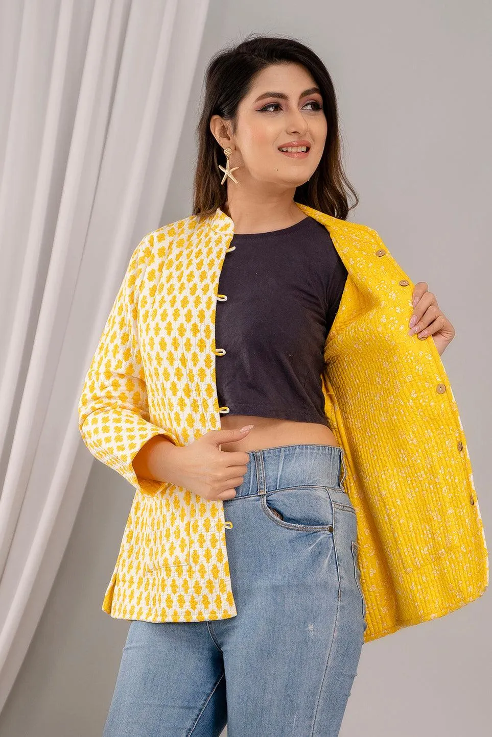 Women Printed Lightweight Cotton Quilted Yellow Jacket - SHKL1023