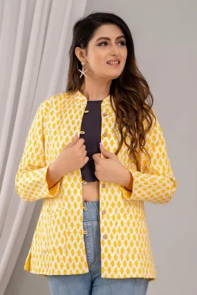 Women Printed Lightweight Cotton Quilted Yellow Jacket - SHKL1023