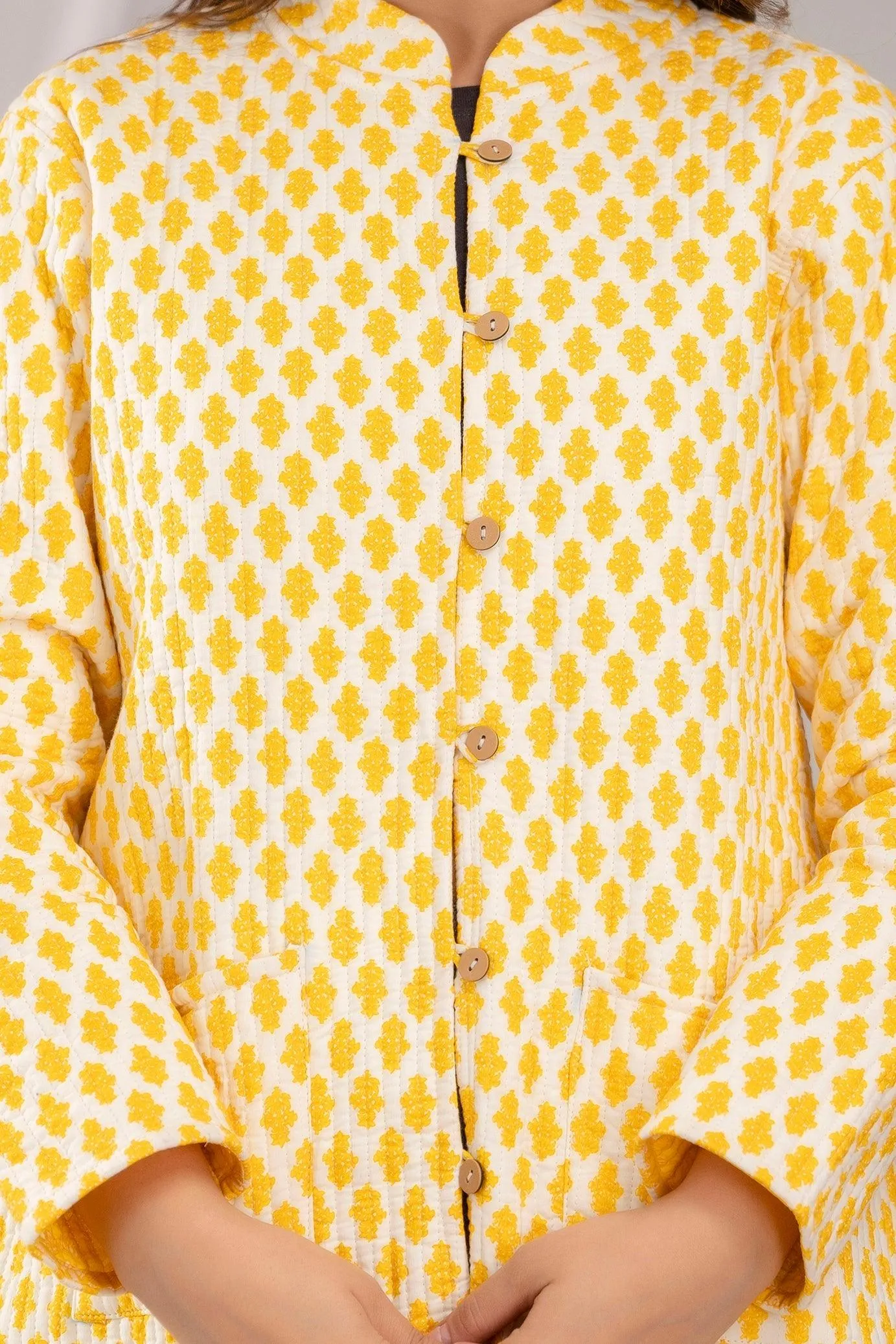 Women Printed Lightweight Cotton Quilted Yellow Jacket - SHKL1023
