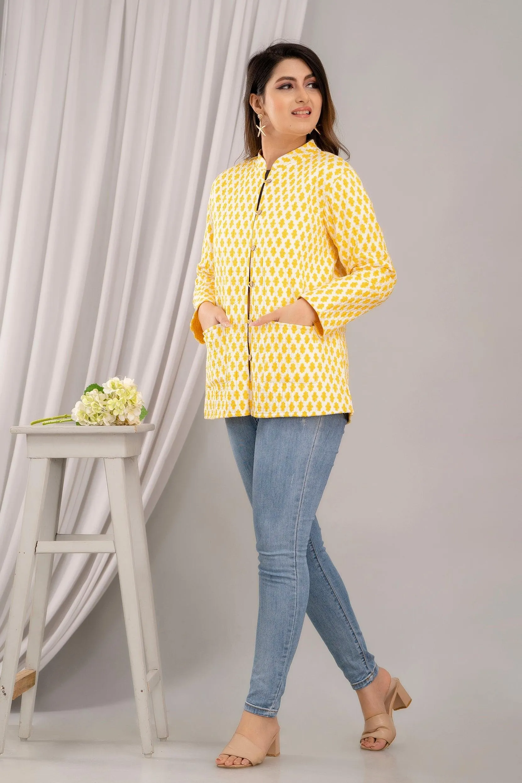 Women Printed Lightweight Cotton Quilted Yellow Jacket - SHKL1023