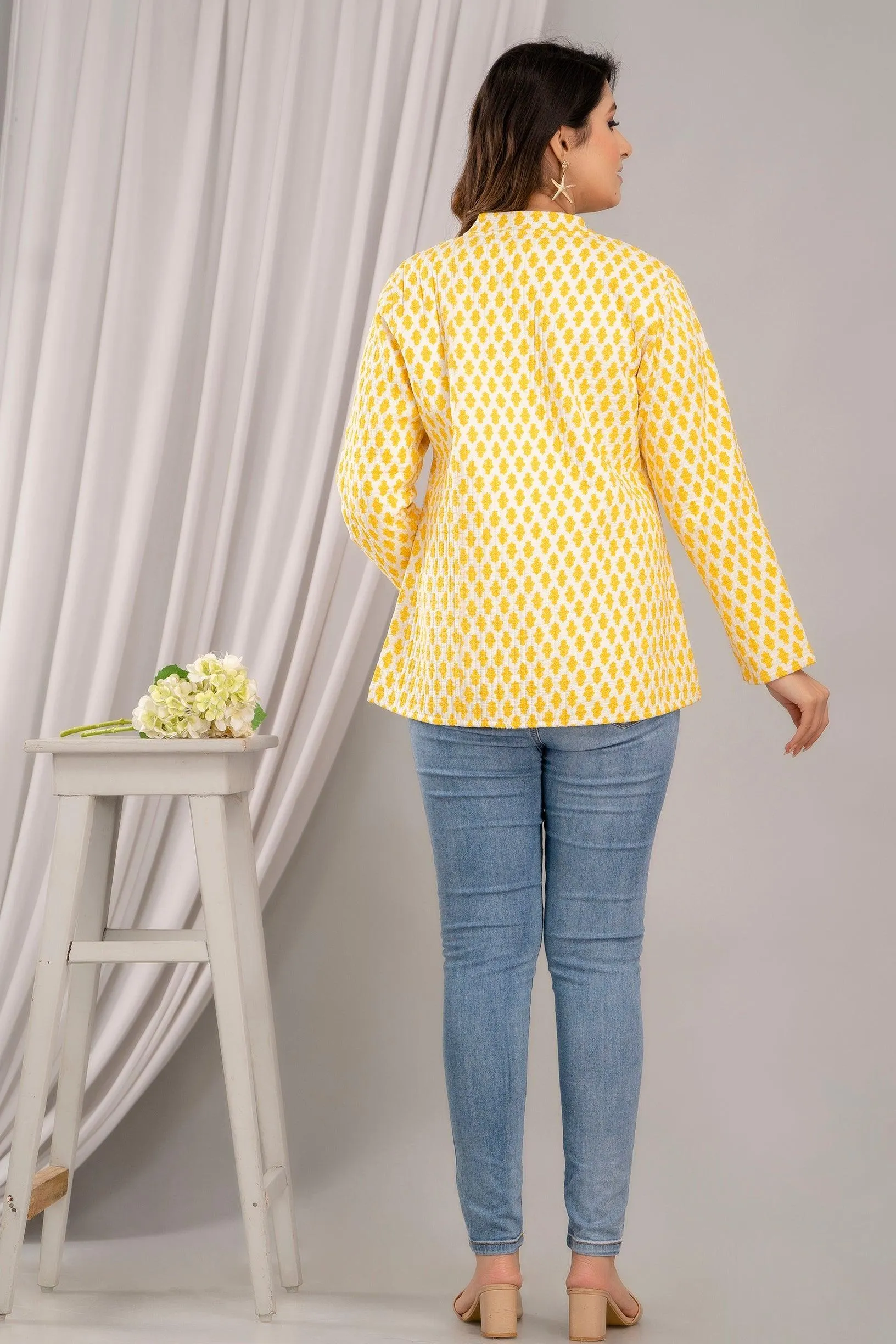 Women Printed Lightweight Cotton Quilted Yellow Jacket - SHKL1023