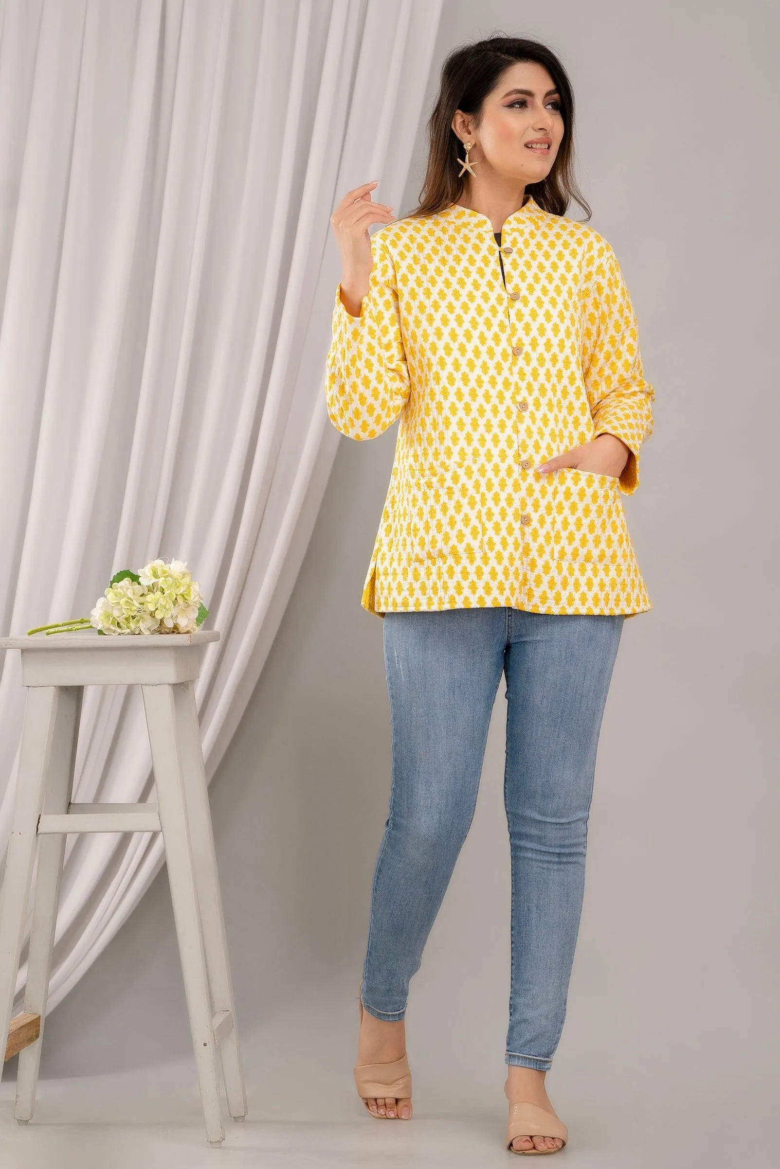 Women Printed Lightweight Cotton Quilted Yellow Jacket - SHKL1023