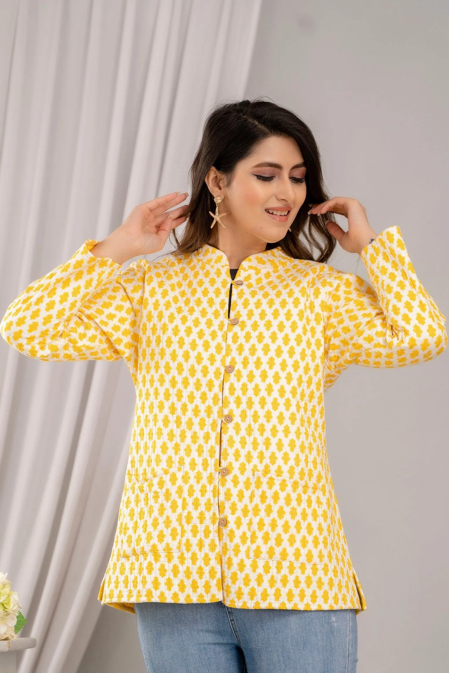 Women Printed Lightweight Cotton Quilted Yellow Jacket - SHKL1023