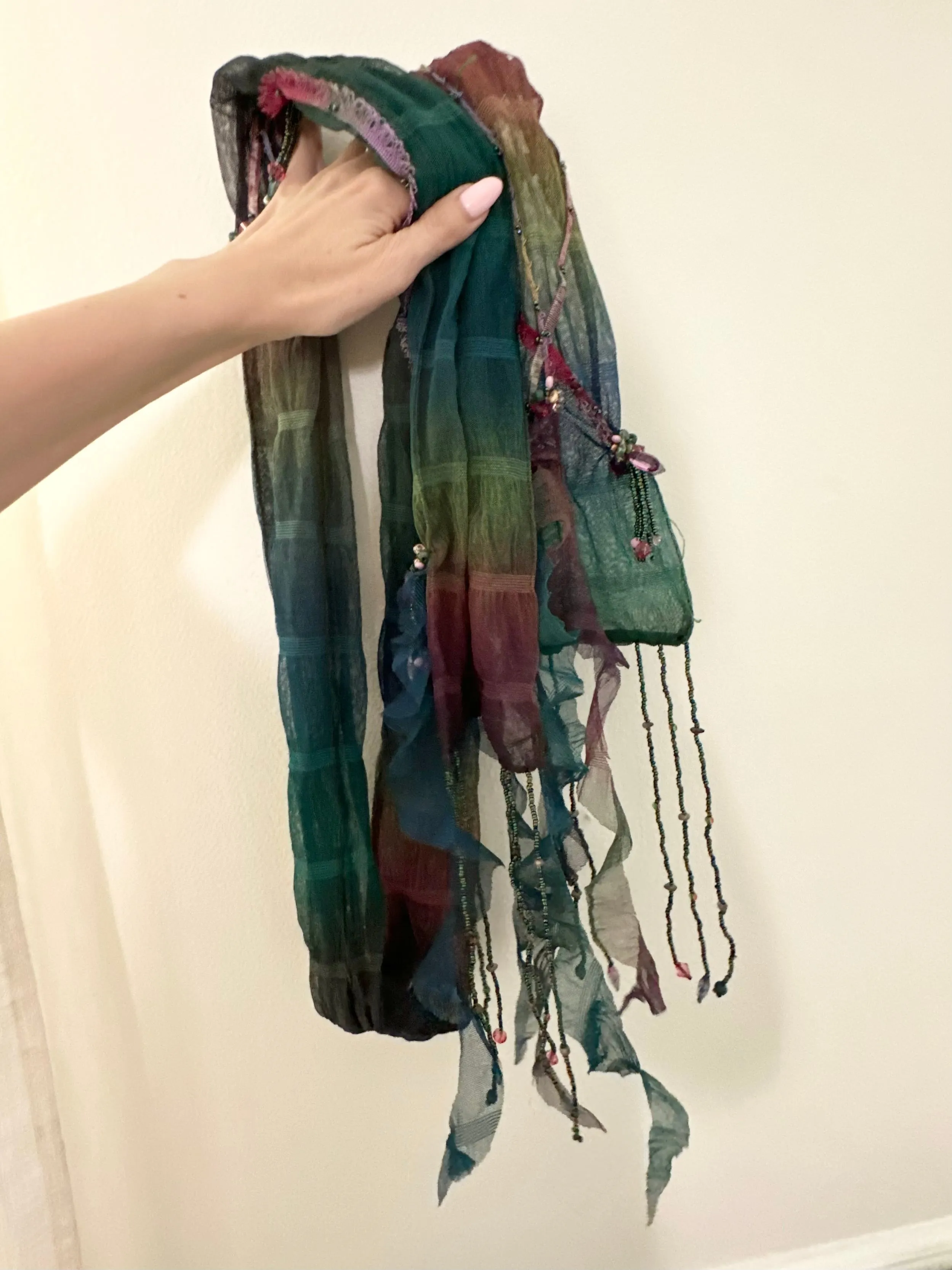 Y2K Colorful Mermaid Designer Fringe Beaded Skinny Scarf